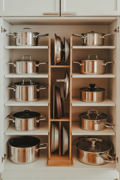 25 Small Kitchen Storage Solutions That Make Every Inch Work Better 19 Nested Cookware Storage That Prevents Cabinet Chaos