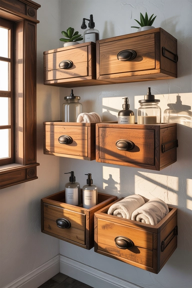 Old Drawers Mounted as Floating Wall Shelves