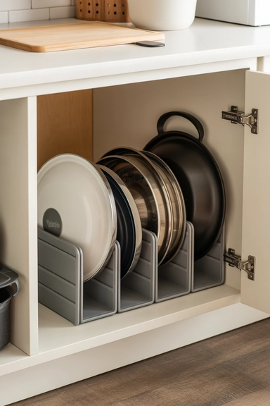 23 Cheap Kitchen Organizing Hacks That Make Small Kitchens Work Better 19 Plastic File Holders for Pot Lid Organization