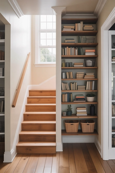 22 Vertical Storage Ideas That Reclaim Floor Space and Clear Visual Clutter 19 Staircase Wall Shelving That Uses Rising Vertical Lines