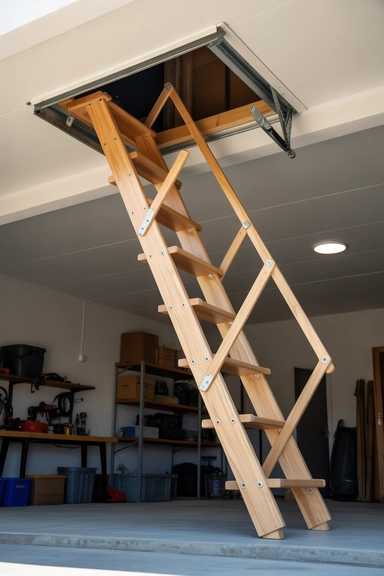 22 Genius Garage Ceiling Storage Ideas to Maximize Overhead Space 20 Ceiling-Mounted Folding Attic Stairs for Access