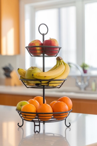 23 Rental Kitchen Organization Ideas For Real Homes 19 Use a Freestanding Tiered Fruit Stand for Countertop Storage