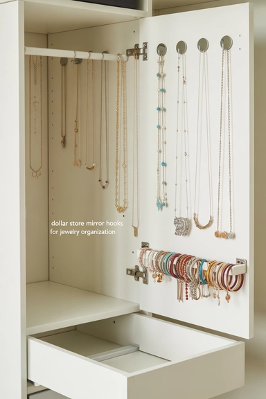 Dollar Store Mirror Hooks for Jewelry Organization
