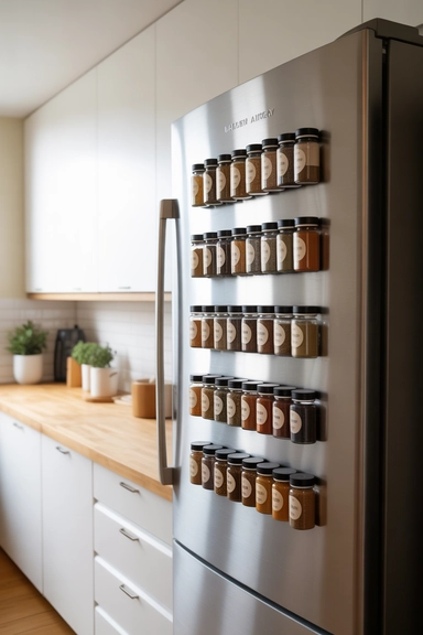 23 Outside-of-the-Box Organizing Hacks That Transform Your Home 20 Magnetic Spice Jars on Refrigerator Doors