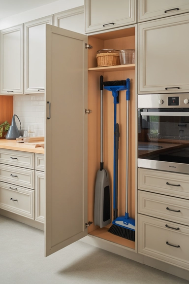 21 Smart Space Saving Kitchen Hacks That Reduce Daily Clutter 20 Slim Broom and Mop Holders Inside Cabinets
