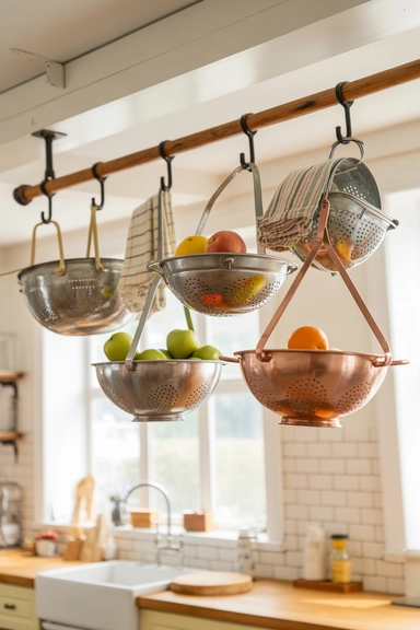 Kitchen Colanders Repurposed as Hanging Storage Baskets