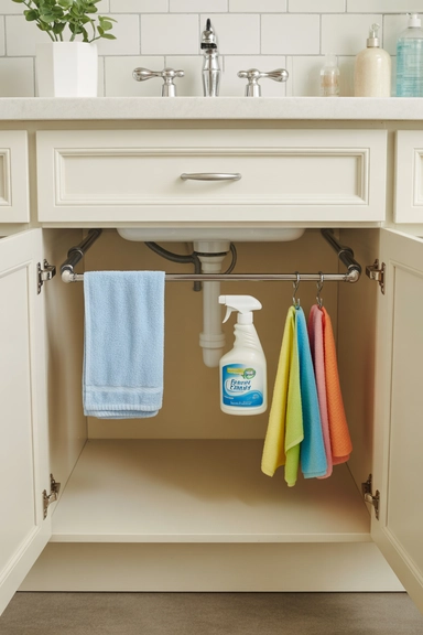 23 Cheap Kitchen Organizing Hacks That Make Small Kitchens Work Better 20 Towel Bars Inside Cabinets for Cleaning Storage
