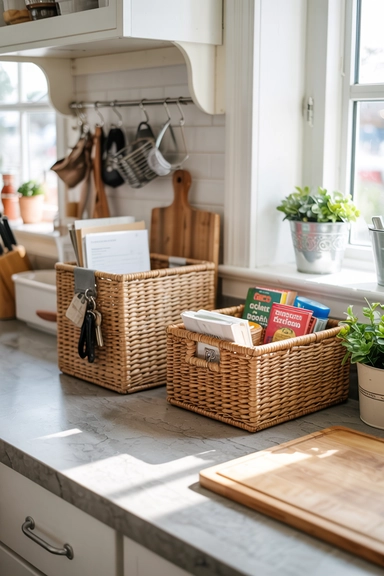 22 Smart Ways to Organize With Cheap Baskets That Instantly Reduce Clutter 3 COUNTERTOP BASKET STATIONS