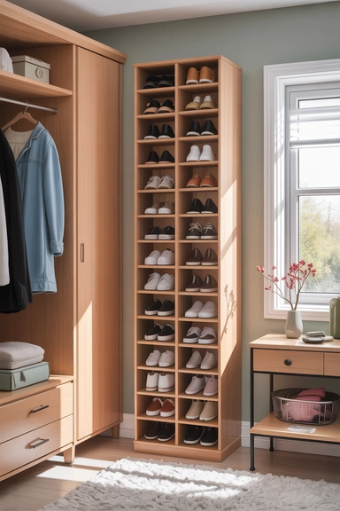 22 Vertical Storage Ideas That Reclaim Floor Space and Clear Visual Clutter 3 Floor-to-Ceiling Shoe Towers That Eliminate Scattered Pairs