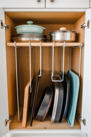 23 Cheap Kitchen Organizing Hacks That Make Small Kitchens Work Better 3 Using Tension Rods to Create Instant Cabinet Dividers
