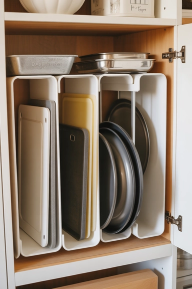 25 Kitchen Cabinet Storage Ideas That Maximize Every Shelf 3 Vertical Dividers for Flat and Tall Items