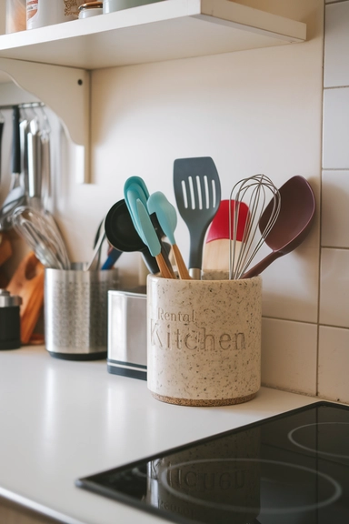 23 Rental Kitchen Organization Ideas For Real Homes 20 Add a Freestanding Utensil Crock with Compartment Dividers