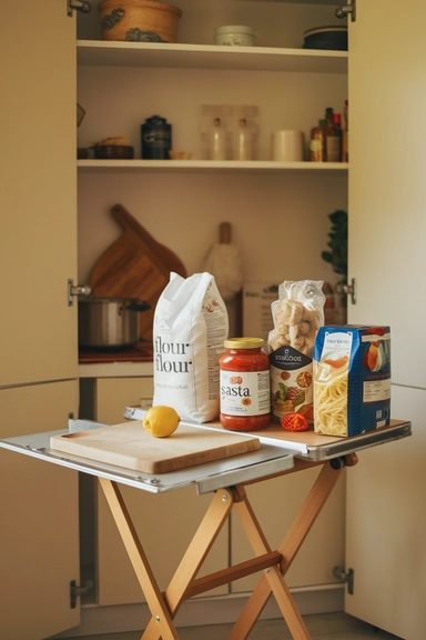 20 Walk-In Pantry Organization Ideas For Real Homes 21 Incorporate a Fold-Down Table for Multi-Use Workspace