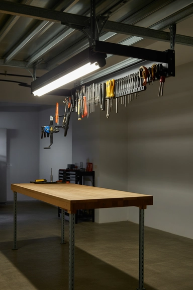 22 Genius Garage Ceiling Storage Ideas to Maximize Overhead Space 21 Suspended Work Light and Tool Rails