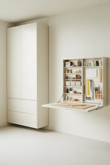 21 IKEA Craft Room Hacks That Keep Supplies Perfectly Organized 21 Fold-Down Wall Cabinets for Temporary Work Expansion