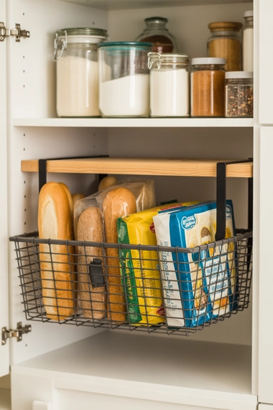25 Kitchen Cabinet Storage Ideas That Maximize Every Shelf 21 Over-Shelf Hanging Baskets for Extra Capacity