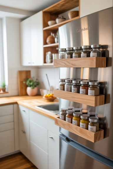 23 Outside-of-the-Box Organizing Hacks That Transform Your Home 22 Magnetic Spice Jars on Refrigerator Sides