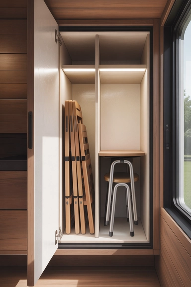 Behind-Wall Pocket Storage for Folding Chairs and Tables