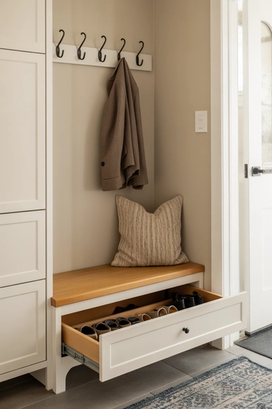23 Outside-of-the-Box Organizing Hacks That Transform Your Home 23 Pull-Out Shoe Drawers in Entryway Benches