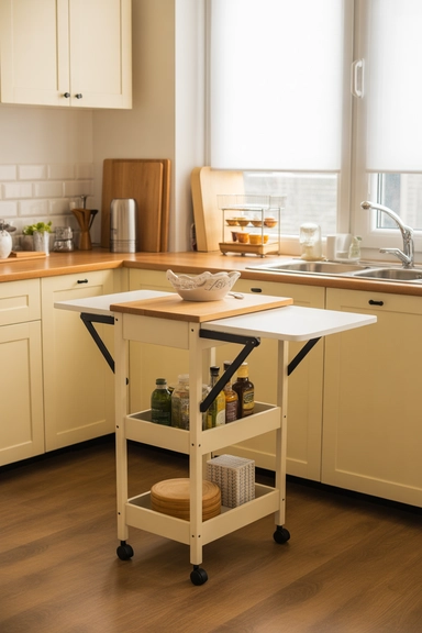 23 Outside-of-the-Box Organizing Hacks That Transform Your Home 24 Rolling Kitchen Cart with Fold-Down Side Tables
