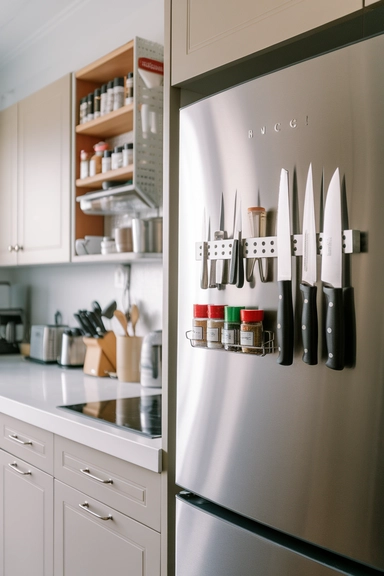 23 Rental Kitchen Organization Ideas For Real Homes 4 Install Magnetic Strips on Appliance Sides