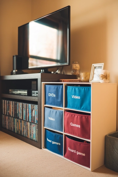 Use Cube Storage Bins for Categorized Media and Game Storage