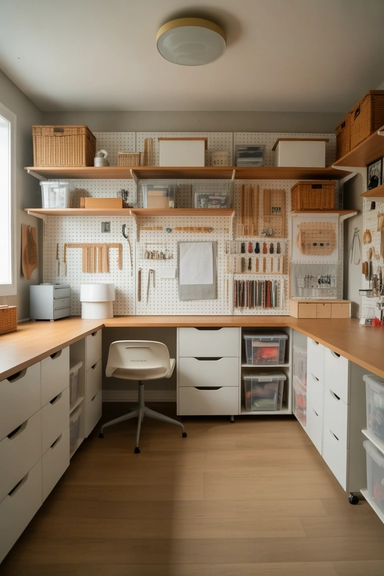 22 Smart Craft Room Layout Ideas That Make Small and Large Spaces Work Better 4 Perimeter Storage That Keeps the Center Open