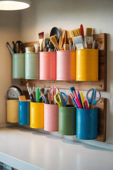  Tin Cans Converted Into Wall-Mounted Supply Holders