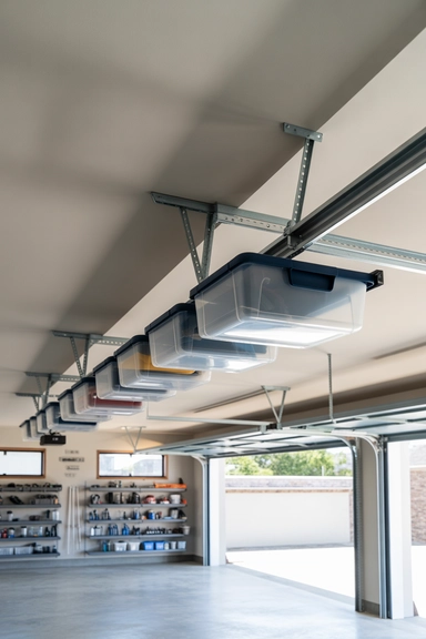 22 Genius Garage Ceiling Storage Ideas to Maximize Overhead Space 5 Sliding Ceiling Track Storage Systems