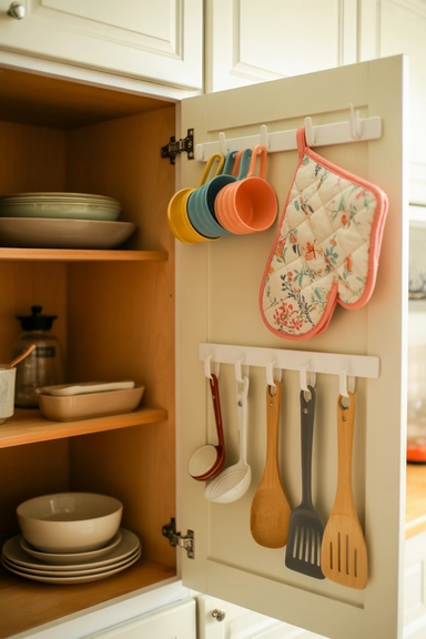23 Cheap Kitchen Organizing Hacks That Make Small Kitchens Work Better 5 Adhesive Hooks Inside Cabinet Doors