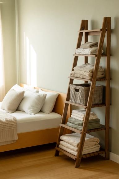 22 Vertical Storage Ideas That Reclaim Floor Space and Clear Visual Clutter 5 Bedroom Ladder Shelving That Replaces Bulky Dressers