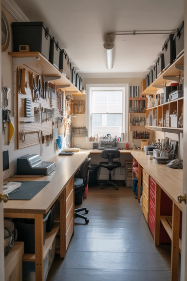 22 Smart Craft Room Layout Ideas That Make Small and Large Spaces Work Better 5 Linear Layouts for Narrow or Shared Craft Spaces