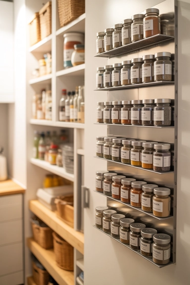 20 Walk-In Pantry Organization Ideas For Real Homes 6 Use Magnetic Spice Jars on a Metal Strip