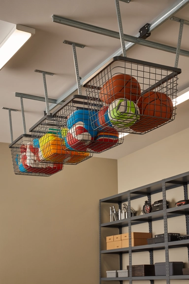 22 Genius Garage Ceiling Storage Ideas to Maximize Overhead Space 6 Wire Basket Ceiling Mounts for Lightweight Storage