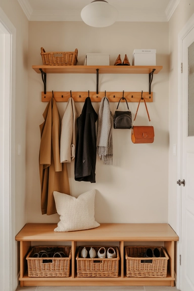 23 Outside-of-the-Box Organizing Hacks That Transform Your Home 6 Using Curtain Rods with Hooks for Entryway Organization