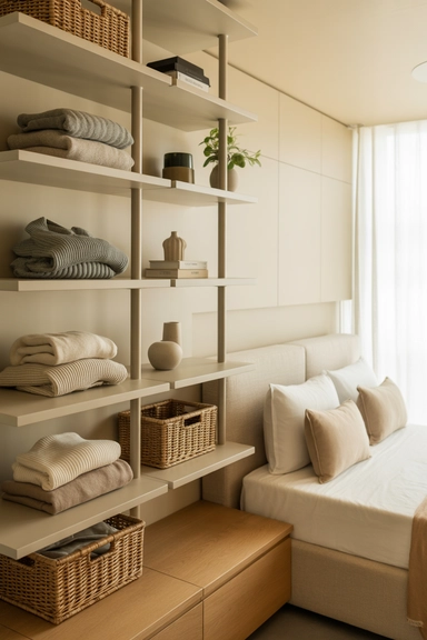 Floating Shelf Walls for Folded Clothing and Baskets