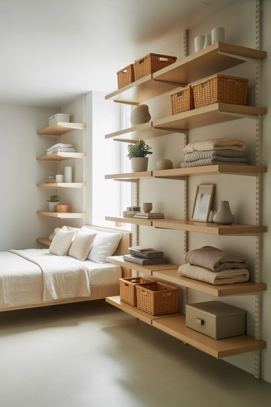 23 Small Bedroom Organizing Hacks That Maximize Every Inch 6 Floating Shelf Walls for Folded Clothing and Décor