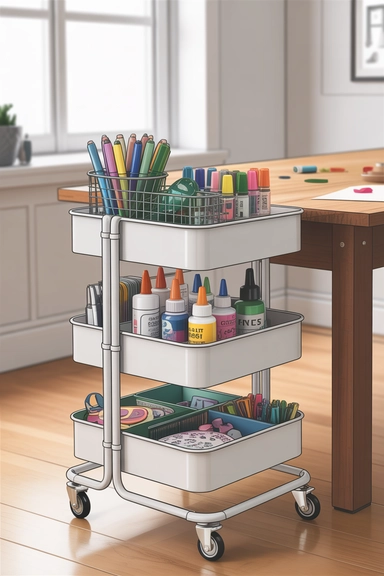 21 IKEA Craft Room Hacks That Keep Supplies Perfectly Organized 6 RÅSKOG Rolling Carts for Mobile Project Storage