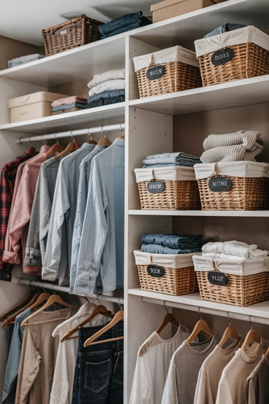 22 Smart Ways to Organize With Cheap Baskets That Instantly Reduce Clutter 7 CLOSET SHELF BASKETS FOR FOLDED CLOTHES