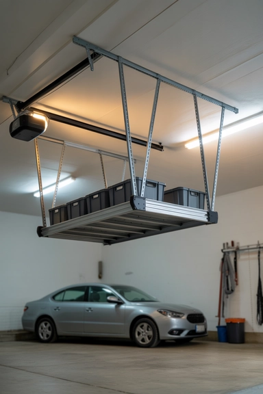 22 Genius Garage Ceiling Storage Ideas to Maximize Overhead Space 7 Fold-Away Ceiling Shelves
