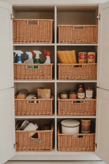 21 Cheap Basket Organizing Ideas That Tidy Your Home on a Budget 8 Baskets Used Inside Cabinets to Control Overflow