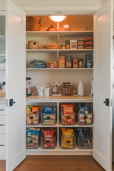 20 Walk-In Pantry Organization Ideas For Real Homes 8 Create a Snack Station at Kid-Friendly Height