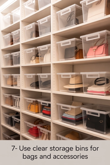 Use Clear Storage Bins for Bags and Accessories