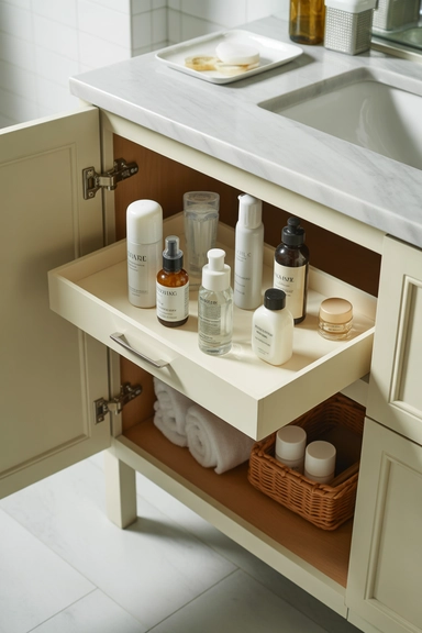 23 Outside-of-the-Box Organizing Hacks That Transform Your Home 8 Incorporating Lazy Susans in Bathroom Vanity Cabinets