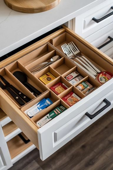 23 Cheap Kitchen Organizing Hacks That Make Small Kitchens Work Better 8 Cardboard Box Inserts for Drawer Separation