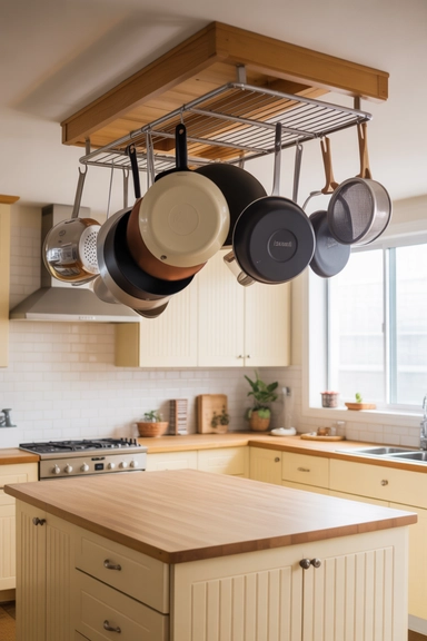 22 Kitchen Storage Ideas That Make Every Space Work Smarter 8 Ceiling and Overhead Rack Storage for Cookware