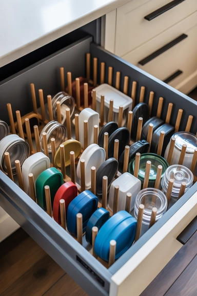 20 Lid Storage Hacks That Stop Cabinet Chaos 8 Drawer Peg Systems for Container Lids
