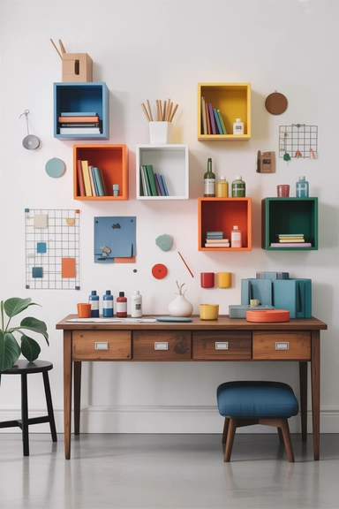 21 IKEA Craft Room Hacks That Keep Supplies Perfectly Organized 8 EKET Cube Cabinets Arranged as Floating Supply Grids