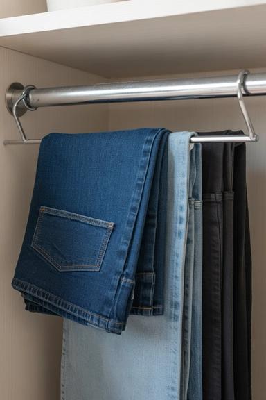 22 Jean Storage Ideas That Prevent Piles and Creases 8 Hanging Jeans Folded Over a Bar
