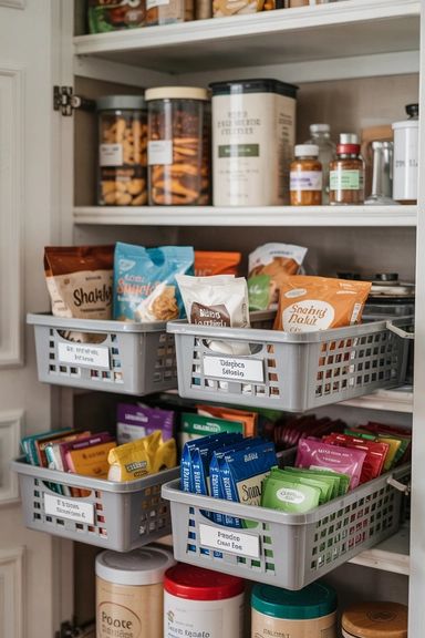 22 Smart Ways to Organize With Cheap Baskets That Instantly Reduce Clutter 9 KITCHEN PANTRY BASKET GROUPING